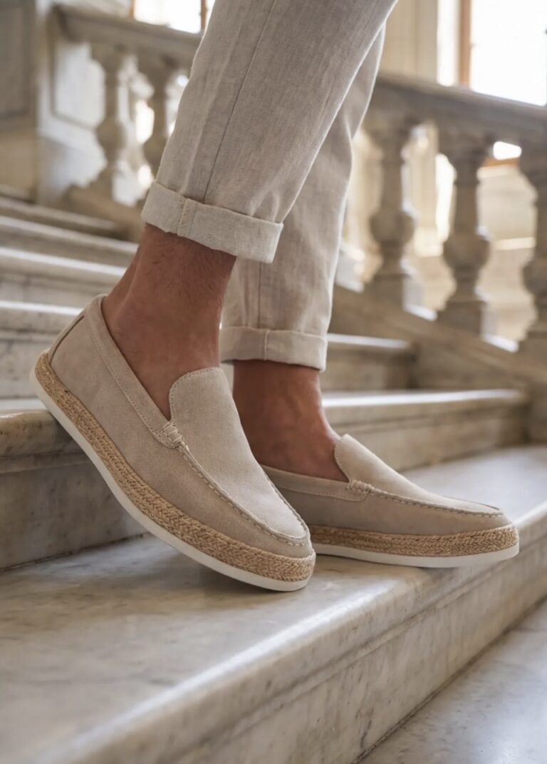 Handgemaakte herenloafer leer en suède in beige